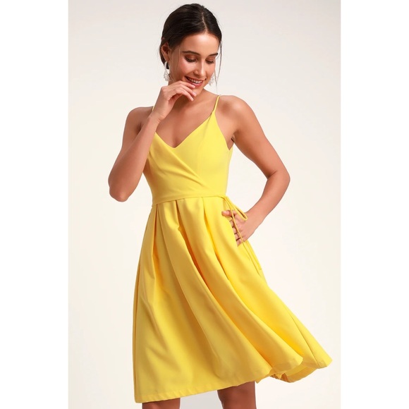 Lulus Dresses & Skirts - Lulus Thinking About You Yellow Pleated Faux Wrap Midi Skater Dress